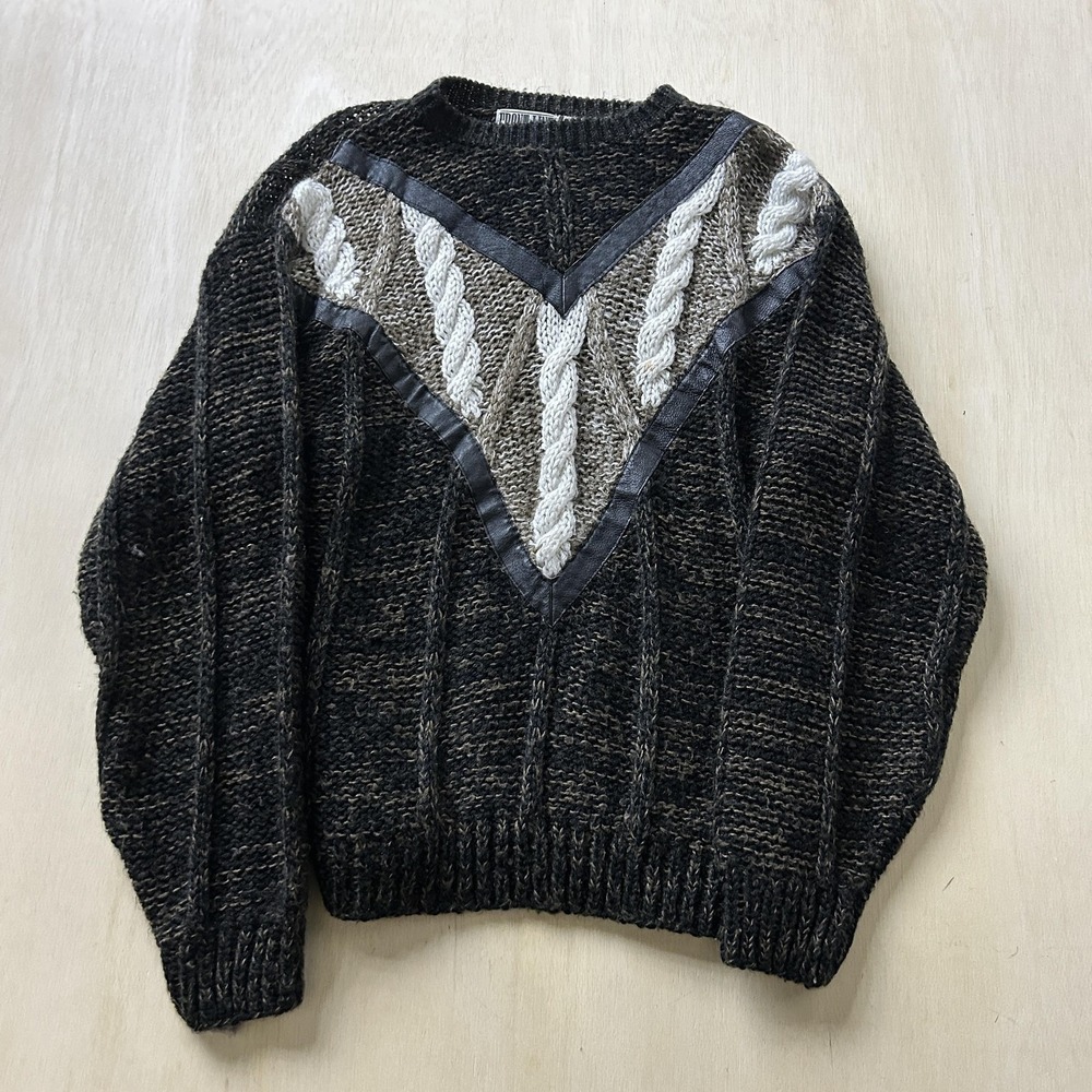 Vintage Front Line Sweater Mens Medium Multicolor Cable Knit Leather Panel